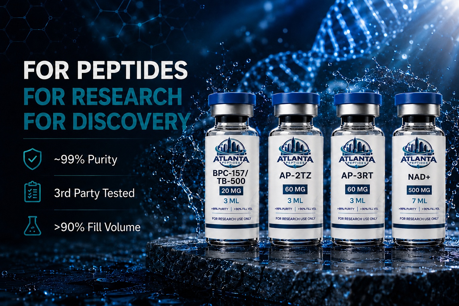 Atlanta Peptides — ~99% purity, third-party tested, over 90% fill volume