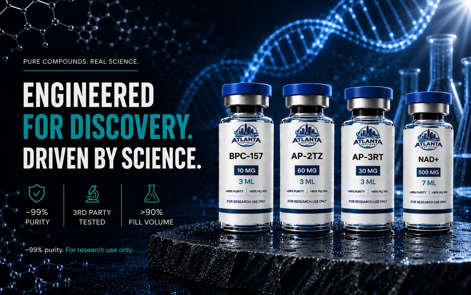 Atlanta Peptides — engineered for discovery, driven by science. ~99% purity, third-party tested, >90% fill volume.